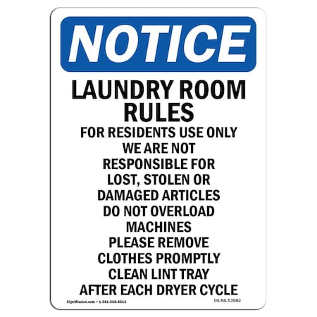 Signmission OSHA Notice, 7" Height, Laundry Room Rules For Residents Sign, 7" X 5", Portrait OS-NS-D-57-V-13982